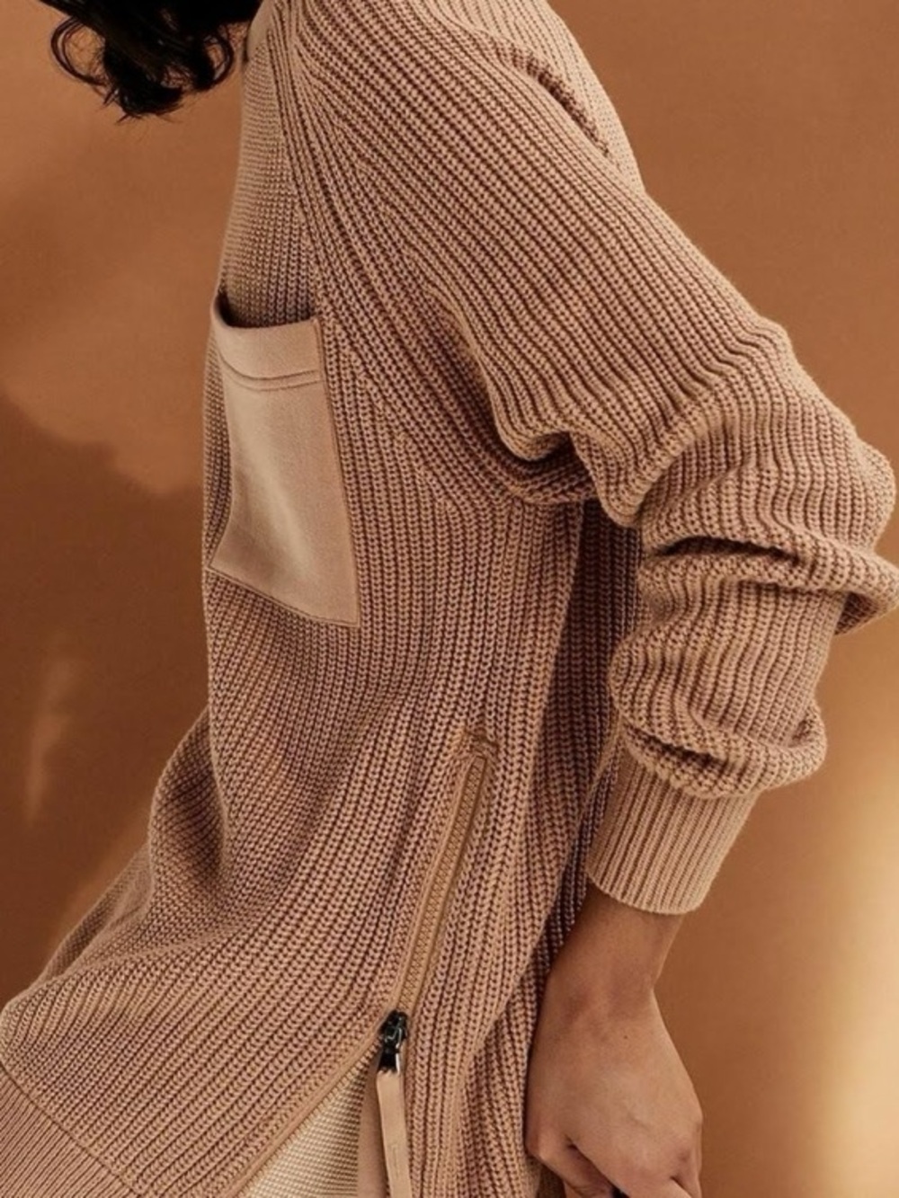 Varley Matteson 100% Cotton Taupe Sweater Side Zip Hem